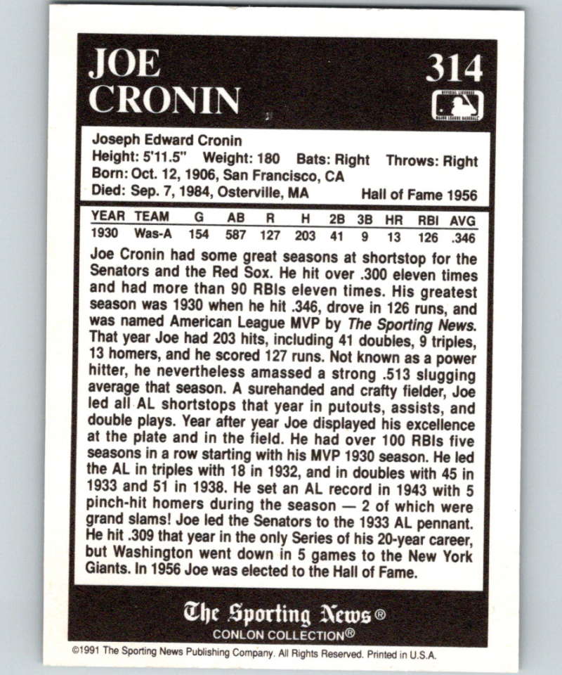 1991 Conlon Collection #314 Joe Cronin MVP NM Washington Senators Image 2