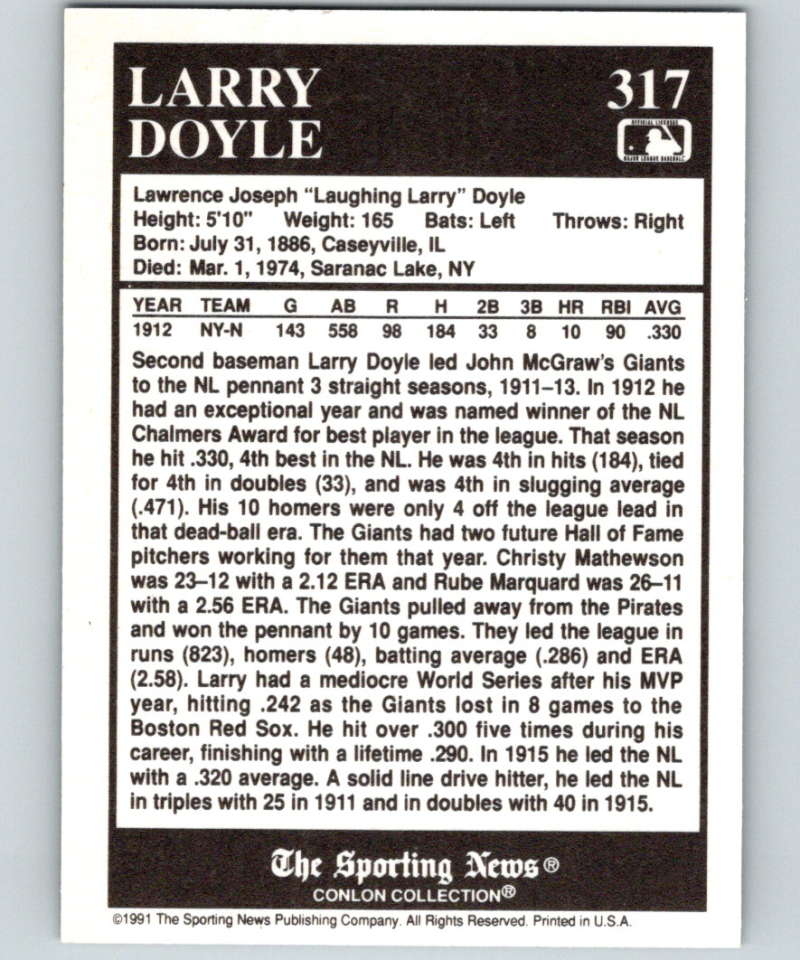 1991 Conlon Collection #317 Larry Doyle MVP NM New York Giants Image 2