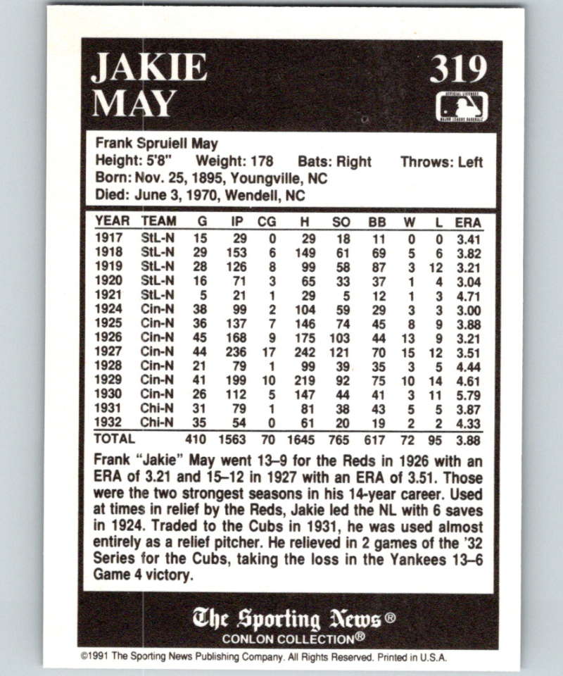 1991 Conlon Collection #319 Jakie May NM Cincinnati Reds Image 2
