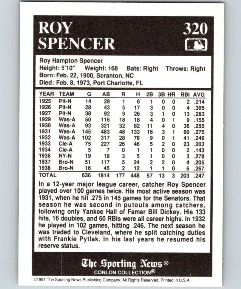 1991 Conlon Collection #320 Roy Spencer NM Cleveland Indians Image 2