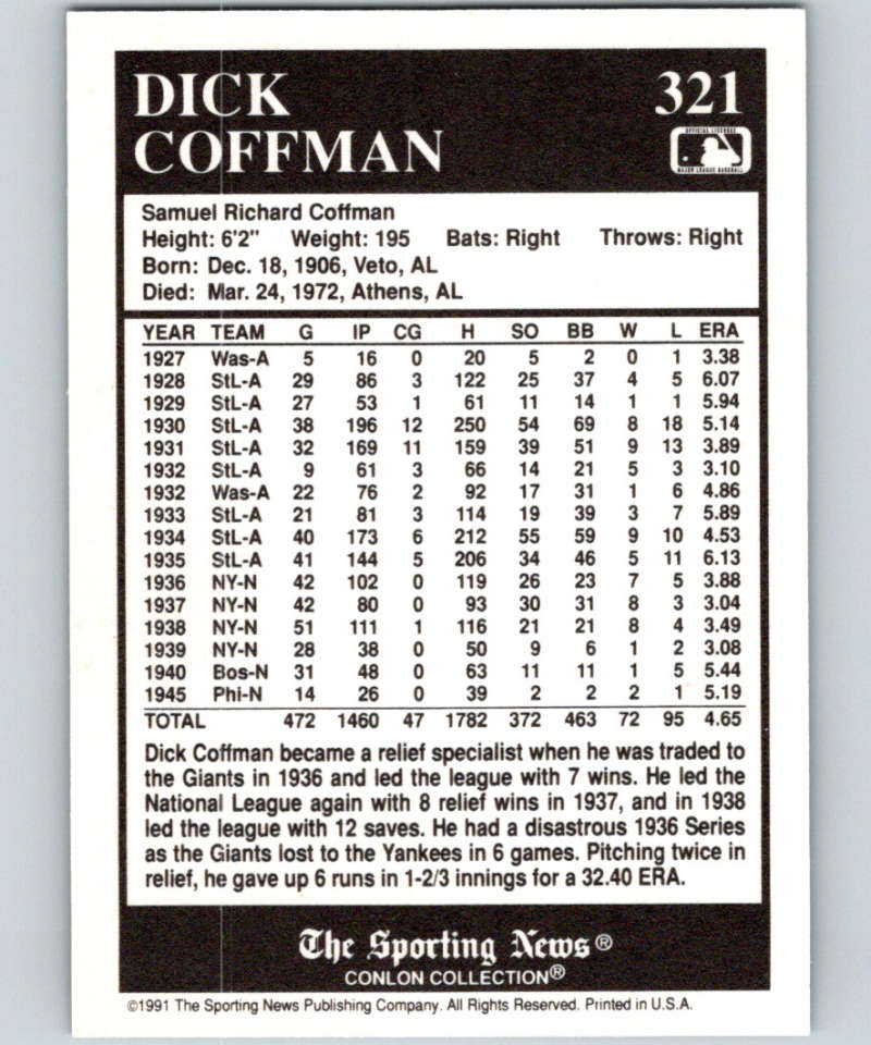 1991 Conlon Collection #321 Dick Coffman NM New York Giants Image 2