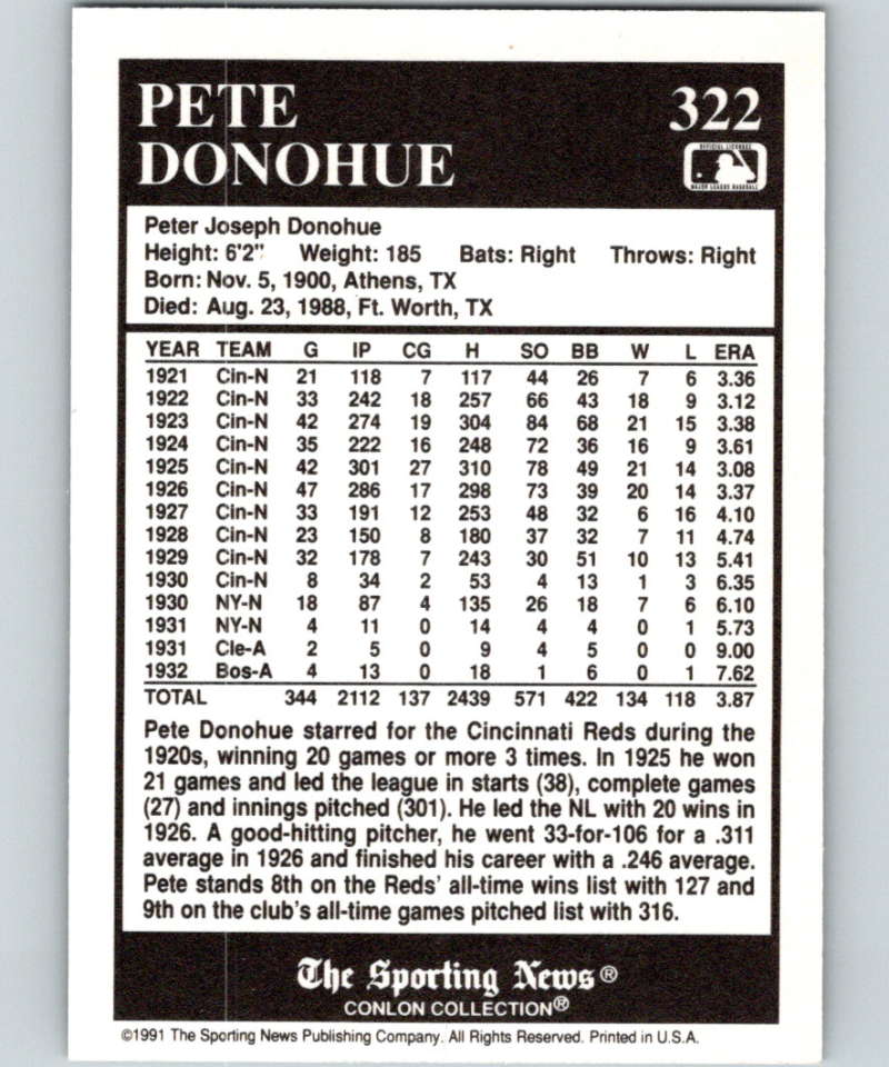 1991 Conlon Collection #322 Pete Donohue NM Cincinnati Reds Image 2