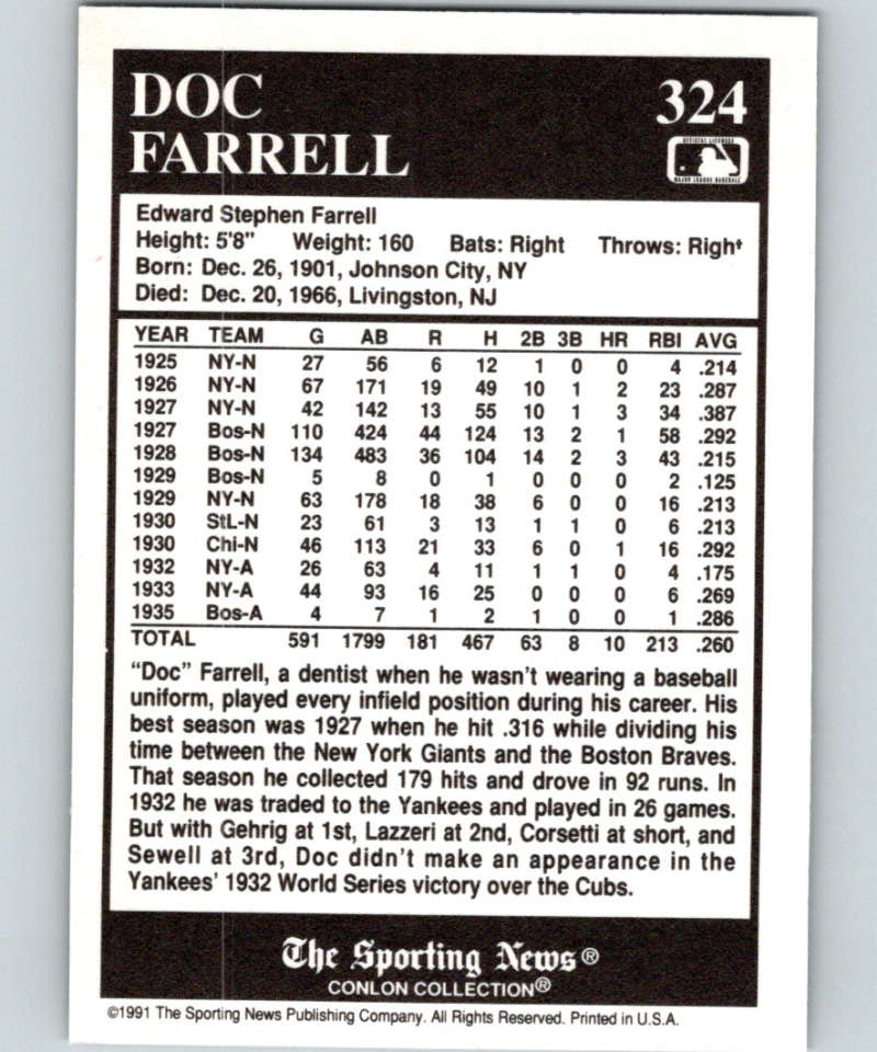 1991 Conlon Collection #324 Doc Farrell NM New York Giants Image 2
