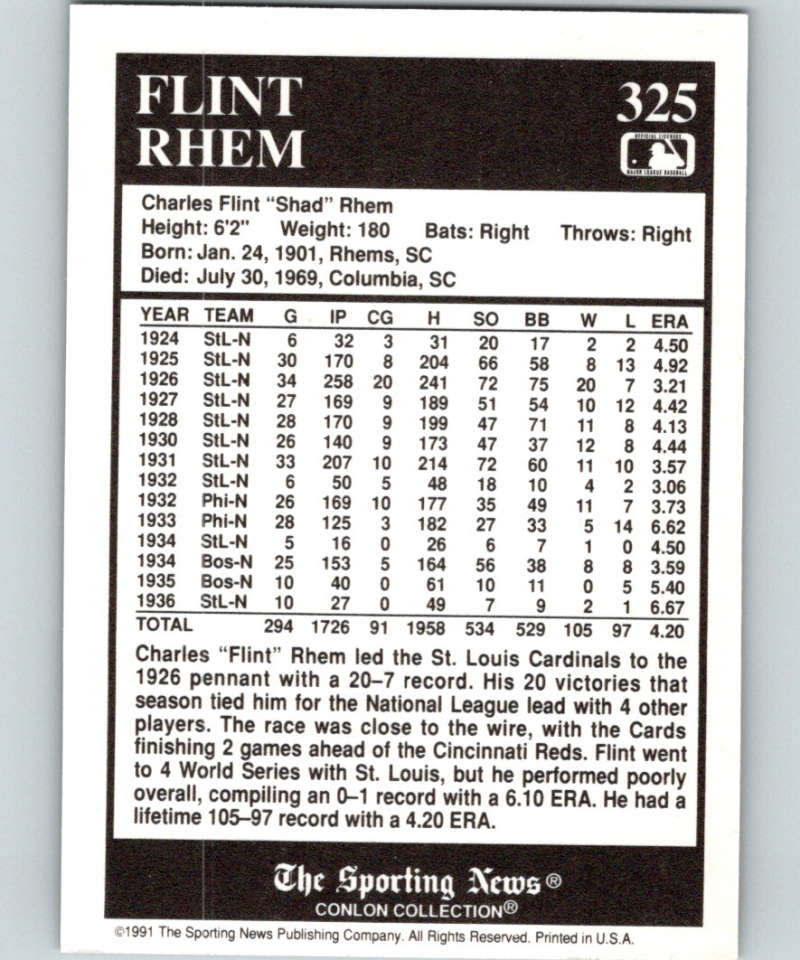 1991 Conlon Collection #325 Flint Rhem NM St. Louis Cardinals Image 2