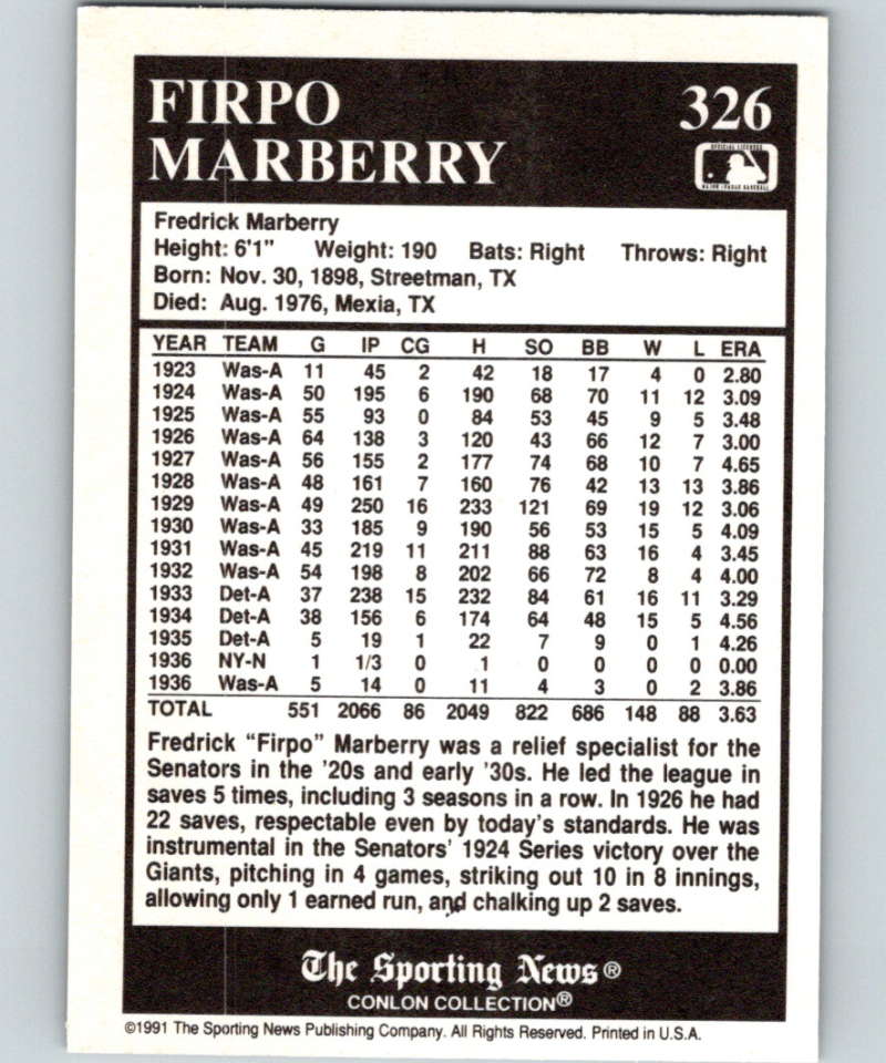 1991 Conlon Collection #326 Firpo Marberry NM Detroit Tigers Image 2
