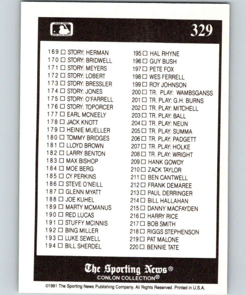 1991 Conlon Collection #329 Checklist 111-220 NM Image 2