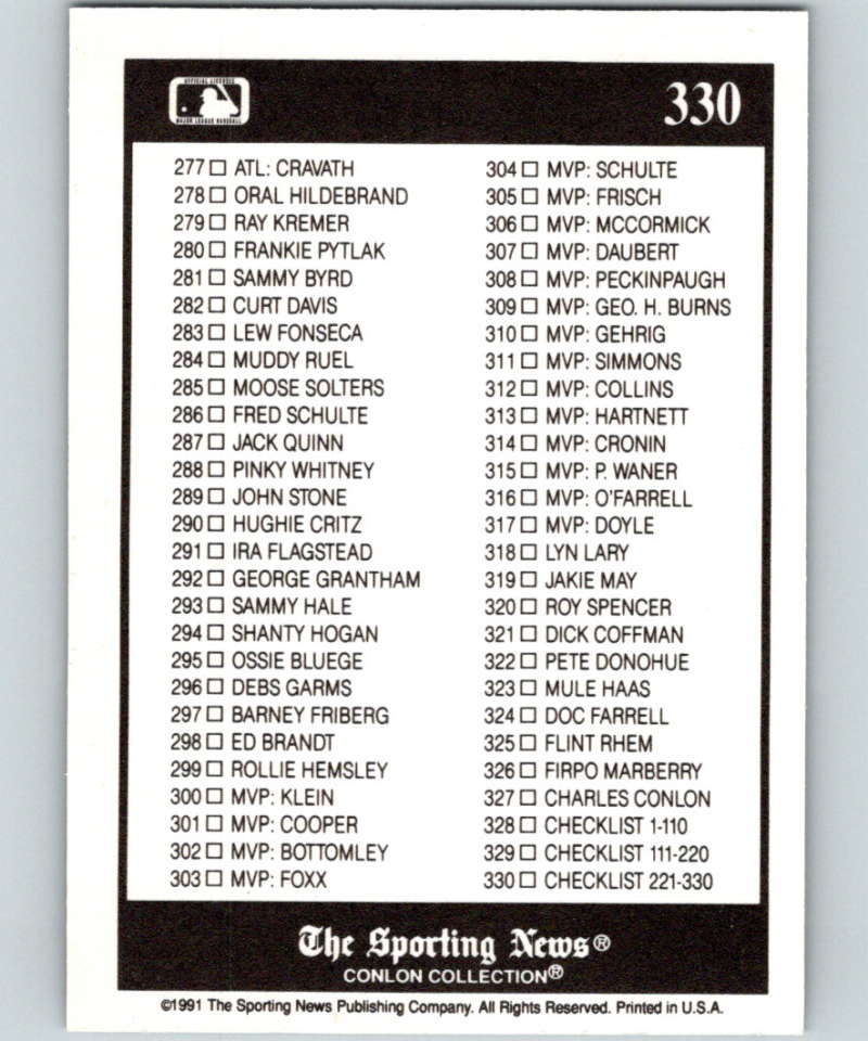 1991 Conlon Collection #330 Checklist 221-330 NM Image 2