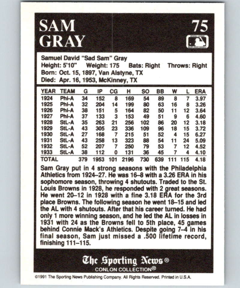 1991 Conlon Collection #75 Sam Gray NM St. Louis Browns Image 2