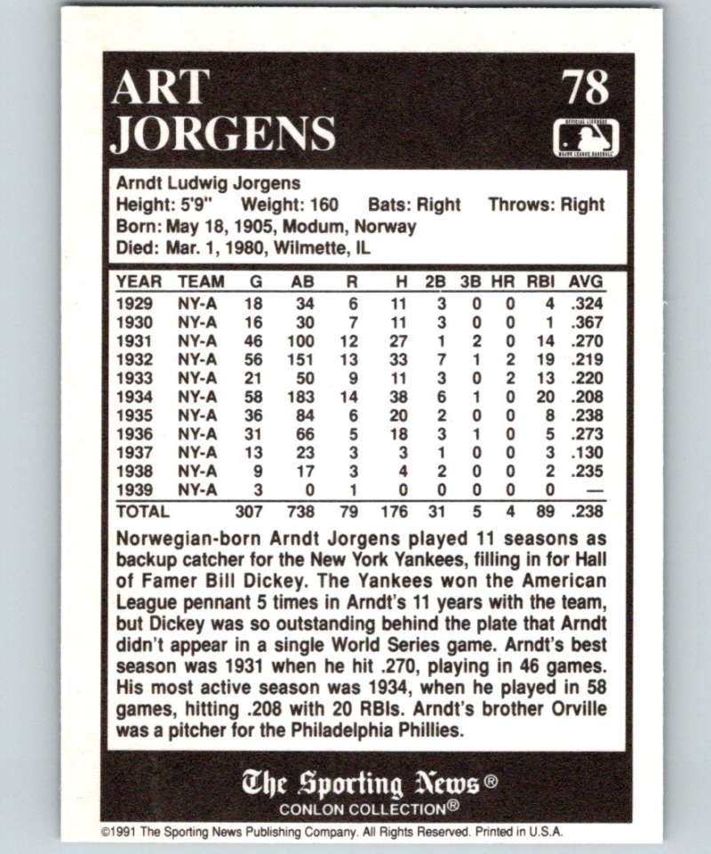 1991 Conlon Collection #78 Art Jorgens NM New York Yankees Image 2