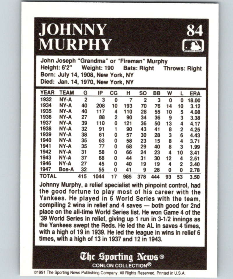 1991 Conlon Collection #84 Johnny Murphy NM New York Yankees Image 2