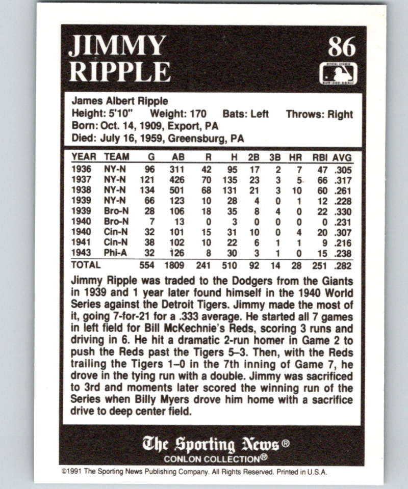 1991 Conlon Collection #86 Jimmy Ripple NM New York Giants Image 2