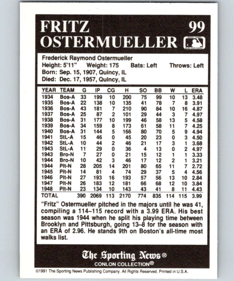 1991 Conlon Collection #99 Fritz Ostermueller NM Boston Red Sox Image 2
