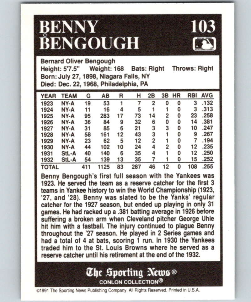 1991 Conlon Collection #103 Benny Bengough NM New York Yankees Image 2
