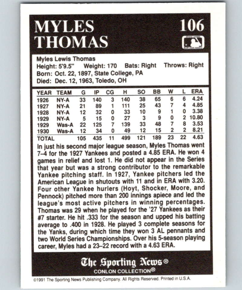 1991 Conlon Collection #106 Myles Thomas NM New York Yankees Image 2