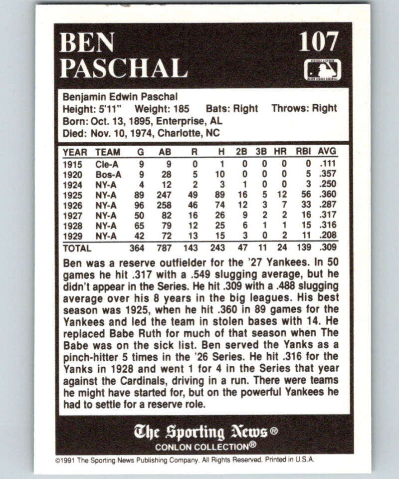 1991 Conlon Collection #107 Ben Paschal NM New York Yankees Image 2