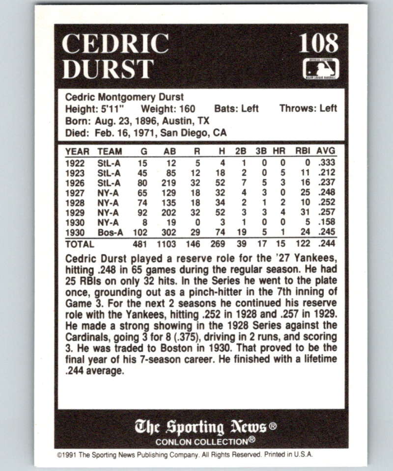 1991 Conlon Collection #108 Cedric Durst NM New York Yankees Image 2