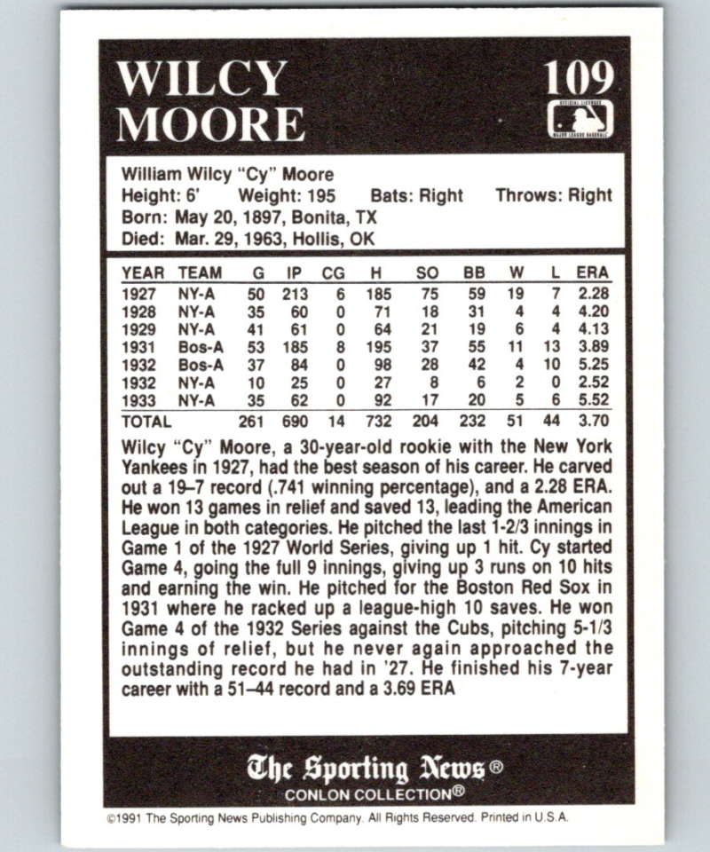 1991 Conlon Collection #109 Wilcy Moore NM New York Yankees Image 2