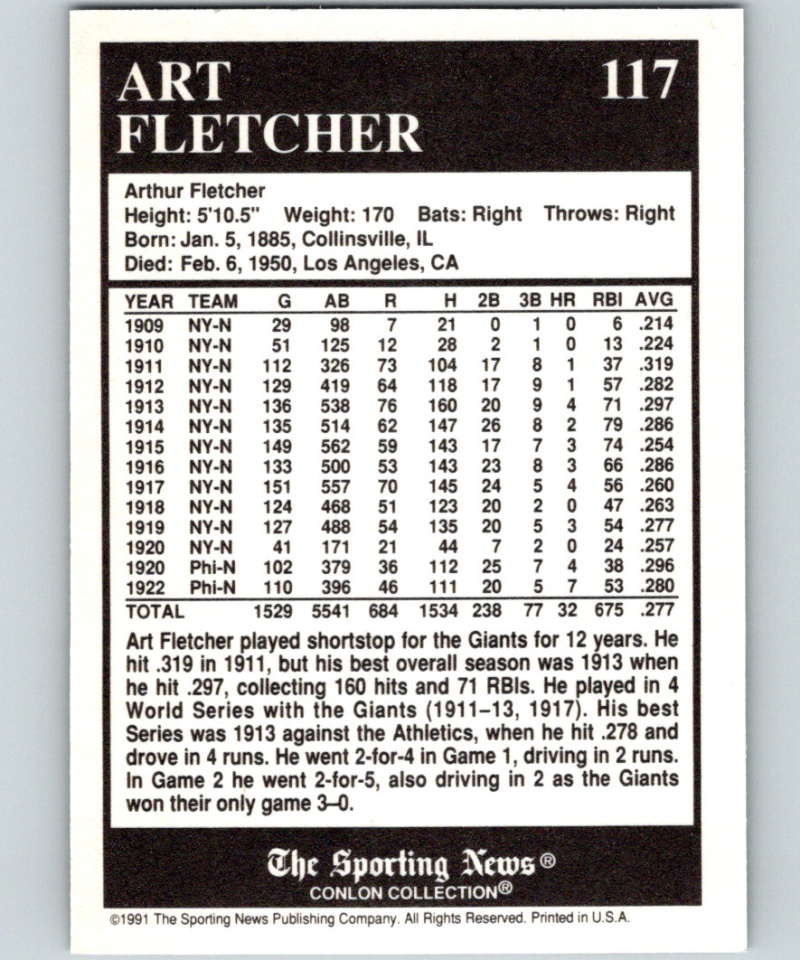 1991 Conlon Collection #117 Art Fletcher/'27NY NM New York Yankees Image 2