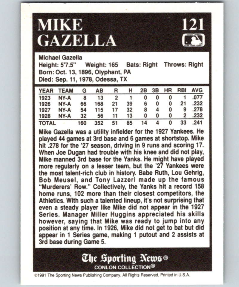 1991 Conlon Collection #121 Mike Gazella NM New York Yankees Image 2