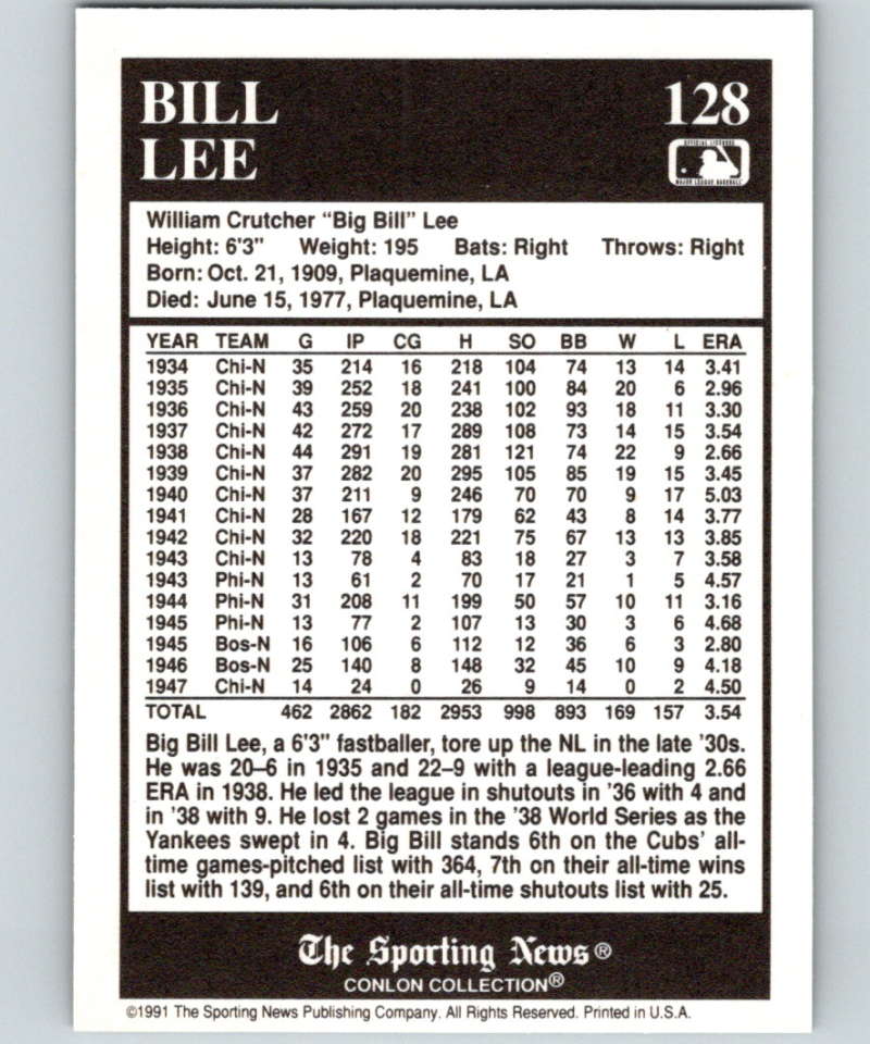 1991 Conlon Collection #128 Bill Lee NM Chicago Cubs Image 2