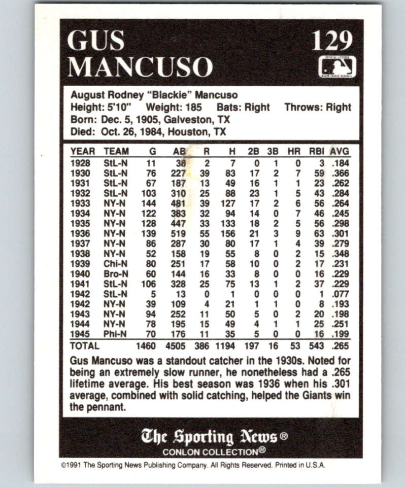 1991 Conlon Collection #129 Gus Mancuso NM New York Giants Image 2