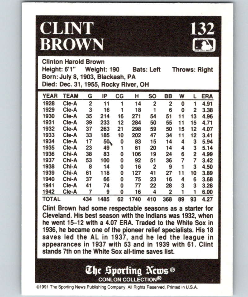1991 Conlon Collection #132 Clint Brown NM Chicago White Sox Image 2