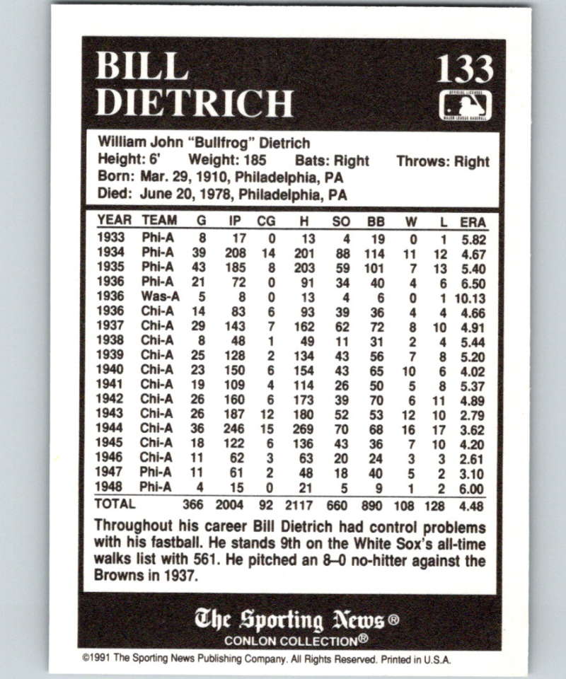 1991 Conlon Collection #133 Bill Dietrich NM Chicago White Sox Image 2