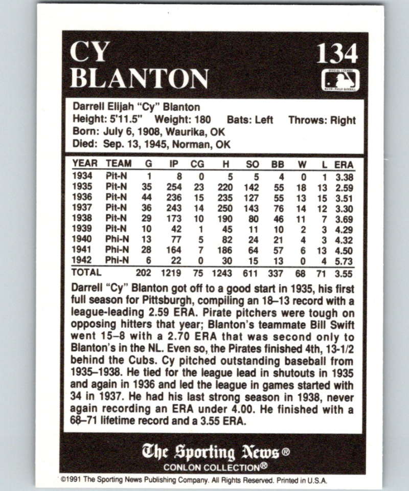 1991 Conlon Collection #134 Cy Blanton NM Pittsburgh Pirates Image 2