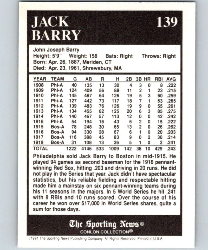 1991 Conlon Collection #139 Jack Barry NM Boston Red Sox Image 2