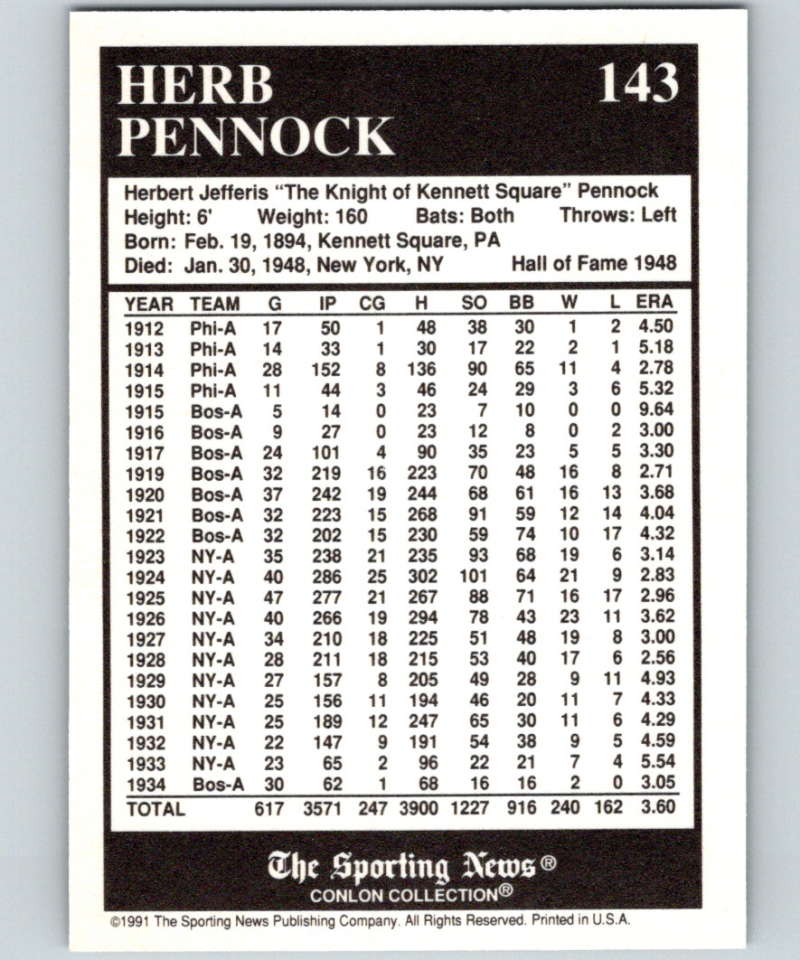 1991 Conlon Collection #143 Herb Pennock NM Boston Red Sox Image 2