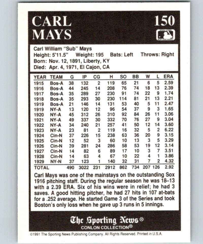 1991 Conlon Collection #150 Carl Mays NM Boston Red Sox Image 2