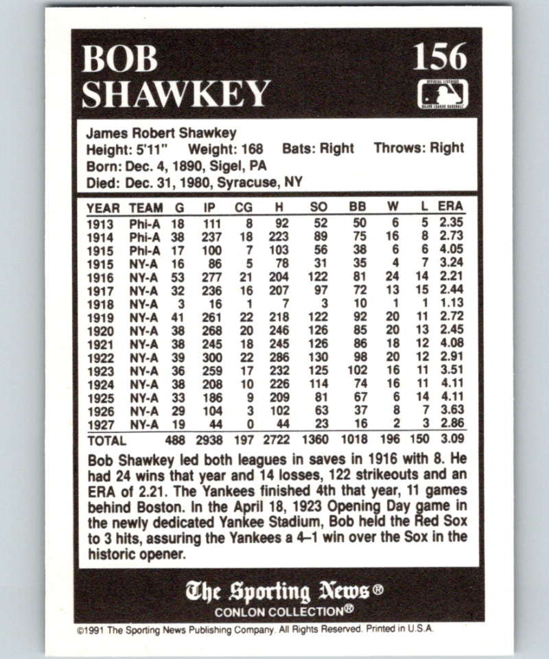 1991 Conlon Collection #156 Bob Shawkey LL NM New York Yankees Image 2