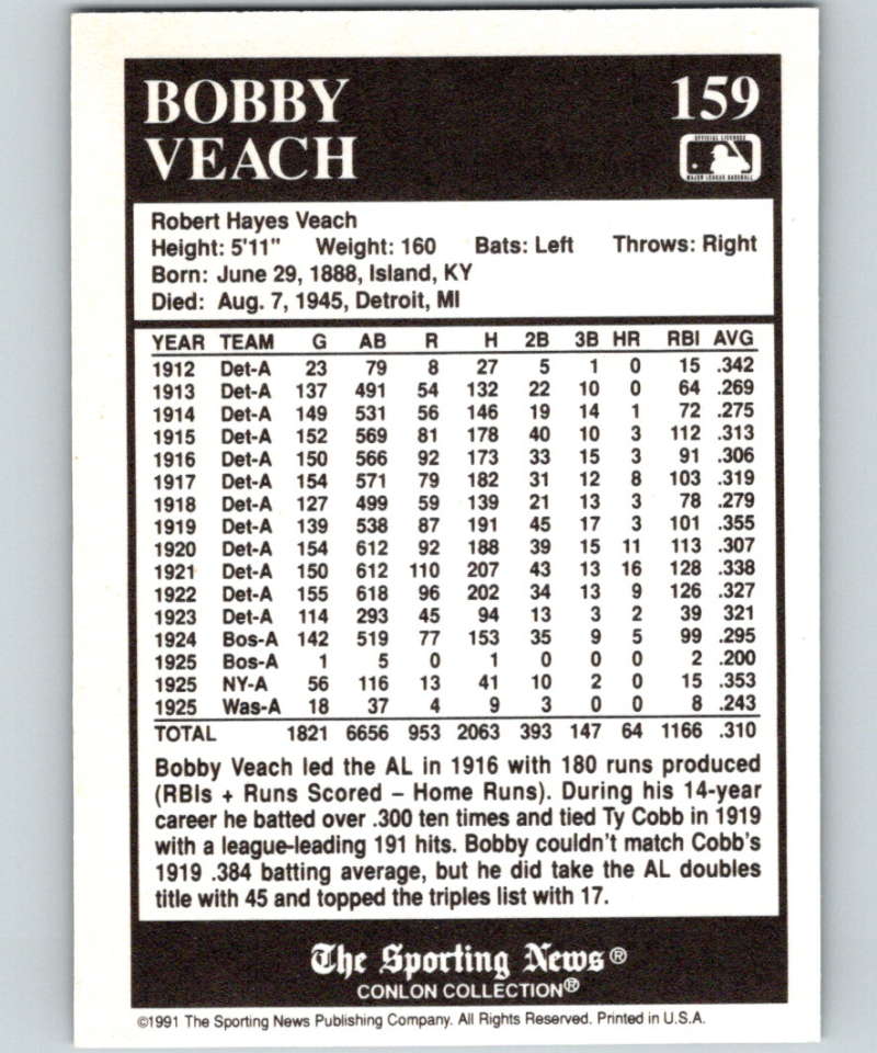 1991 Conlon Collection #159 Bobby Veach LL NM Detroit Tigers Image 2