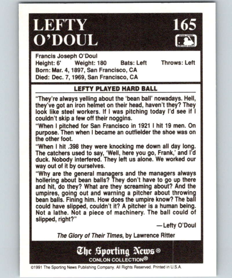 1991 Conlon Collection #165 Lefty O'Doul ST NM Philadelphia Phillies Image 2