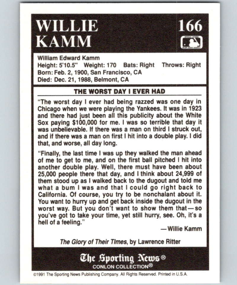 1991 Conlon Collection #166 Willie Kamm ST NM Chicago White Sox Image 2