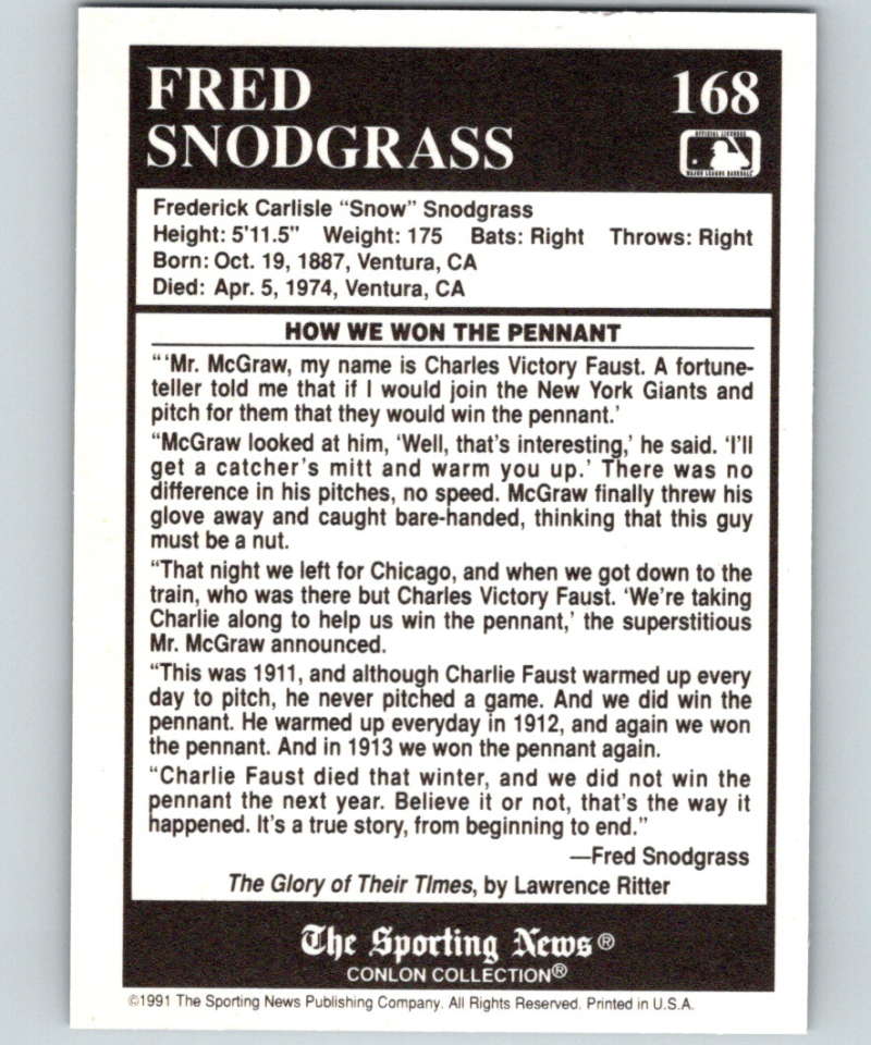 1991 Conlon Collection #168 Fred Snodgrass ST NM Boston Braves Image 2