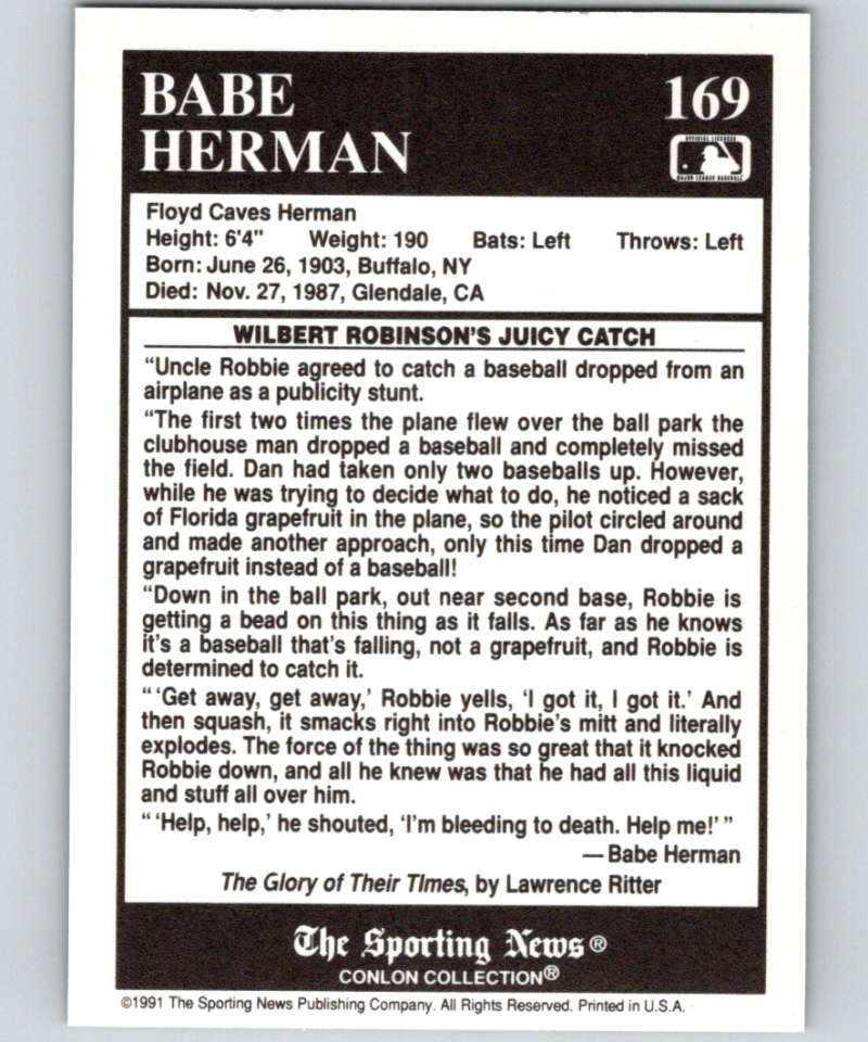 1991 Conlon Collection #169 Babe Herman ST NM Cincinnati Reds Image 2