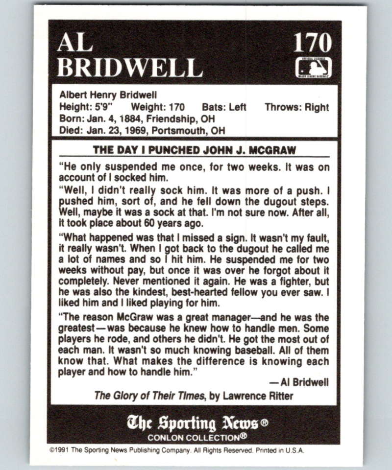 1991 Conlon Collection #170 Al Bridwell ST NM New York Giants Image 2