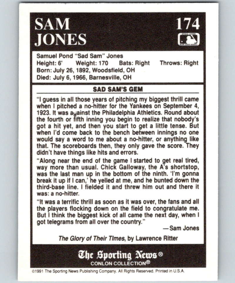 1991 Conlon Collection #174 Sad Sam Jones ST NM Washington Senators Image 2