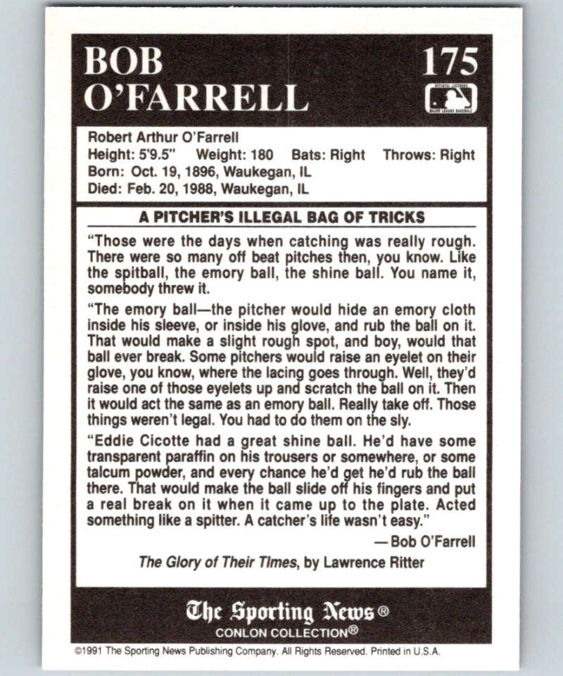 1991 Conlon Collection #175 Bob O'Farrell ST NM St. Louis Cardinals Image 2