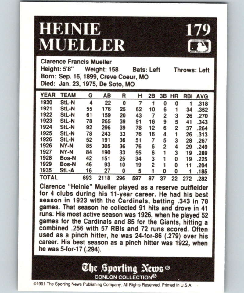 1991 Conlon Collection #179 Heinie Mueller NM Boston Braves Image 2