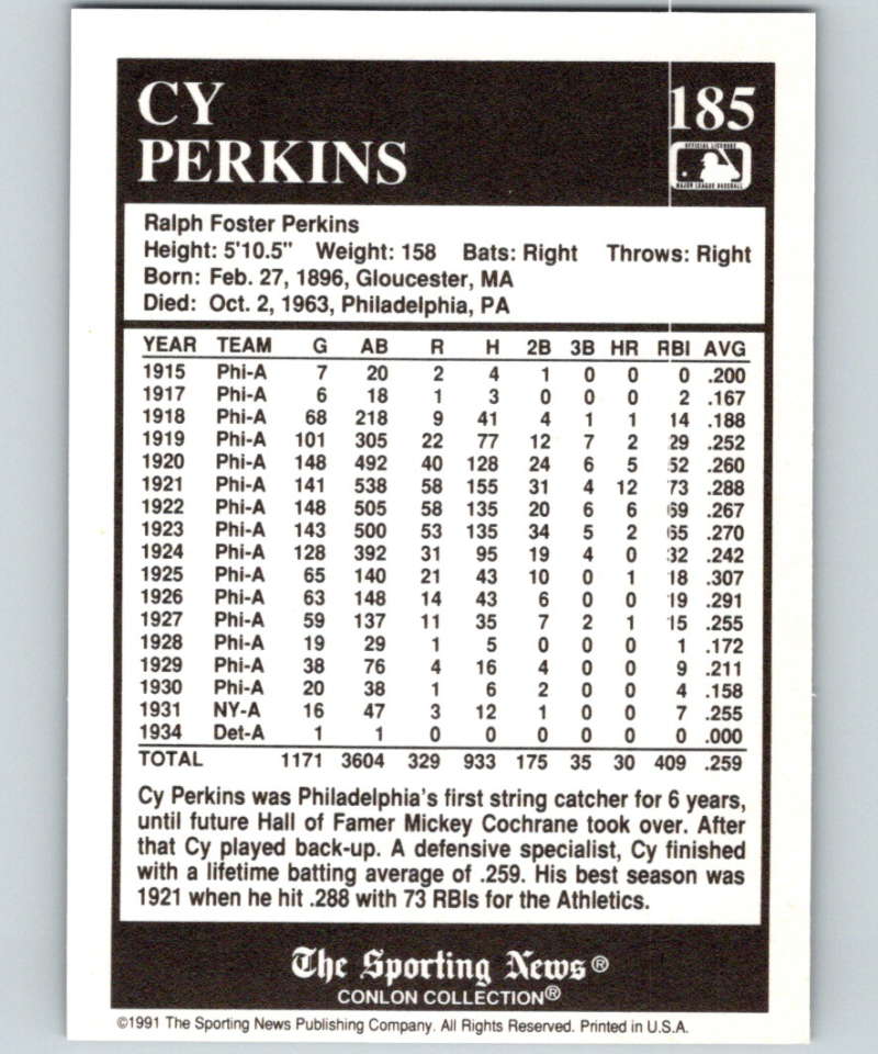 1991 Conlon Collection #185 Cy Perkins NM Philadelphia Athletics Image 2