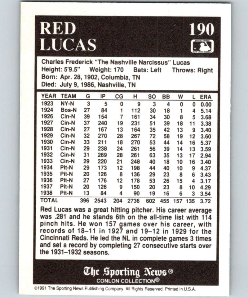 1991 Conlon Collection #190 Red Lucas NM Pittsburgh Pirates Image 2