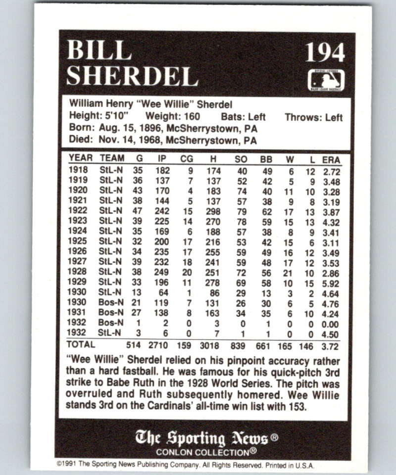 1991 Conlon Collection #194 Bill Sherdel NM St. Louis Cardinals Image 2