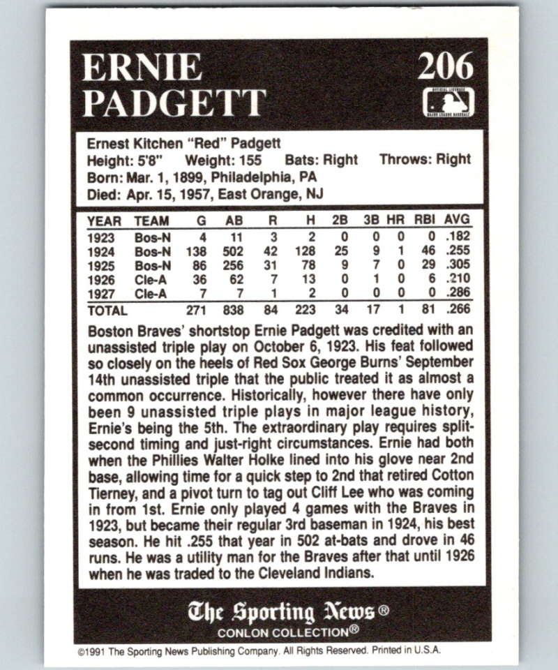 1991 Conlon Collection #206 Ernie Padgett TP NM Boston Braves Image 2