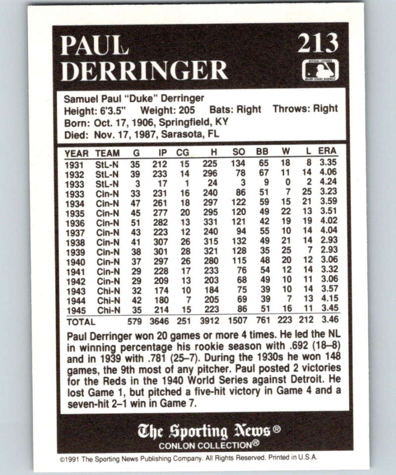1991 Conlon Collection #213 Paul Derringer NM Cincinnati Reds Image 2