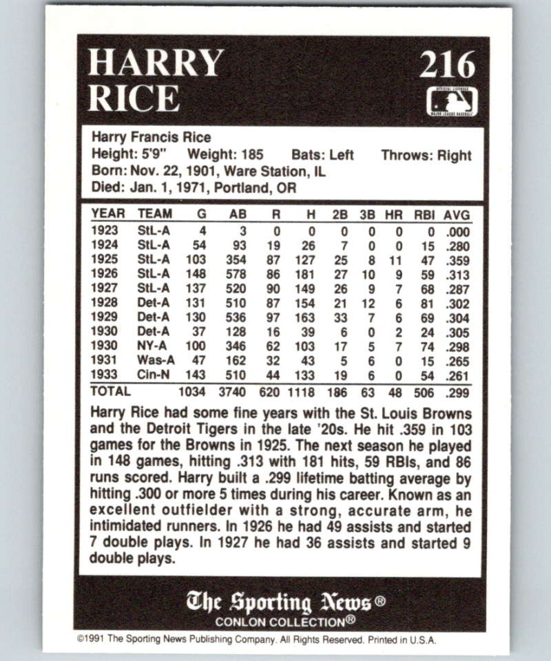 1991 Conlon Collection #216 Harry Rice NM Detroit Tigers Image 2