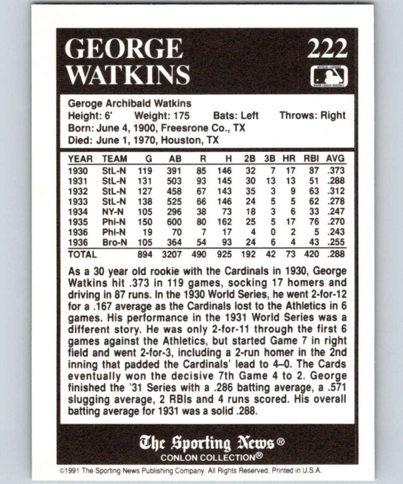 1991 Conlon Collection #222 George Watkins NM New York Giants Image 2