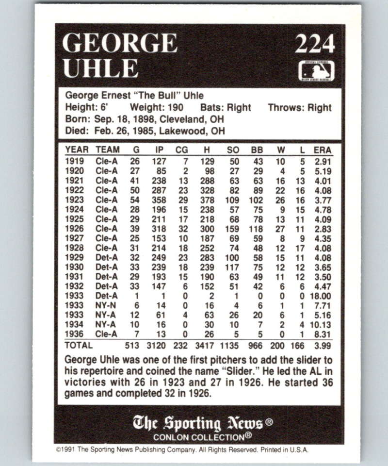 1991 Conlon Collection #224 George Uhle NM Cleveland Indians Image 2