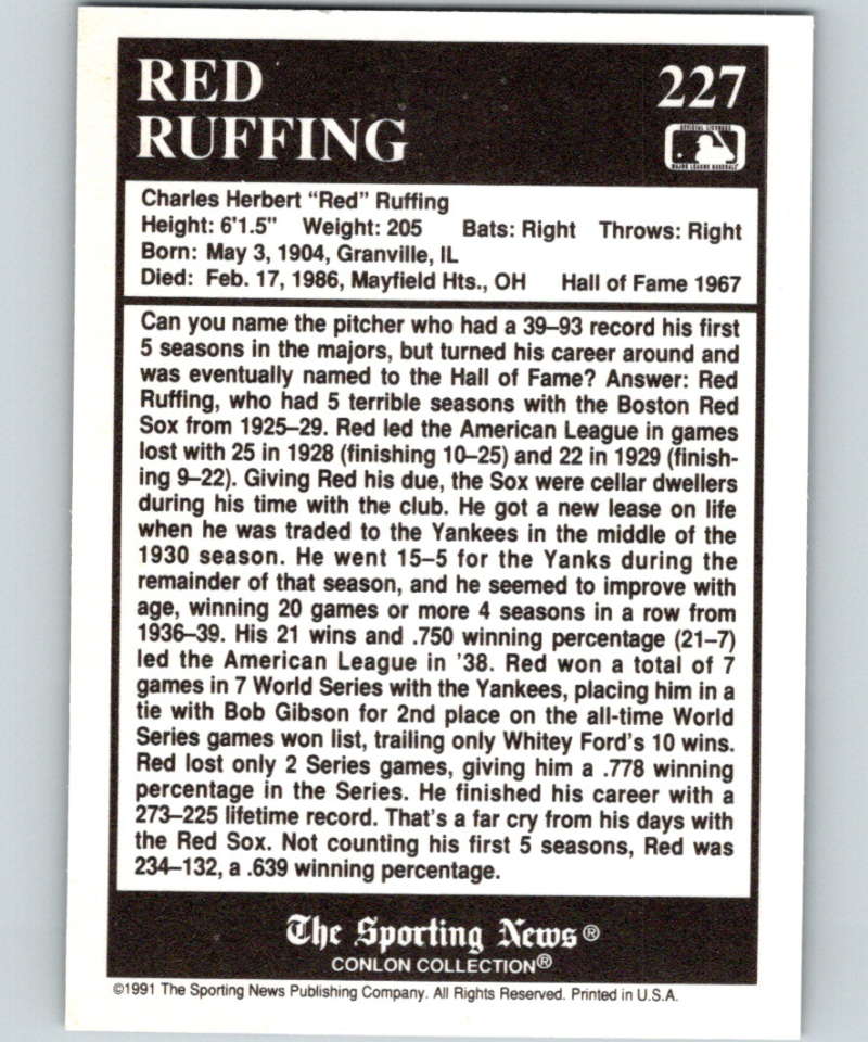 1991 Conlon Collection #227 Red Ruffing TRIV NM New York Yankees Image 2